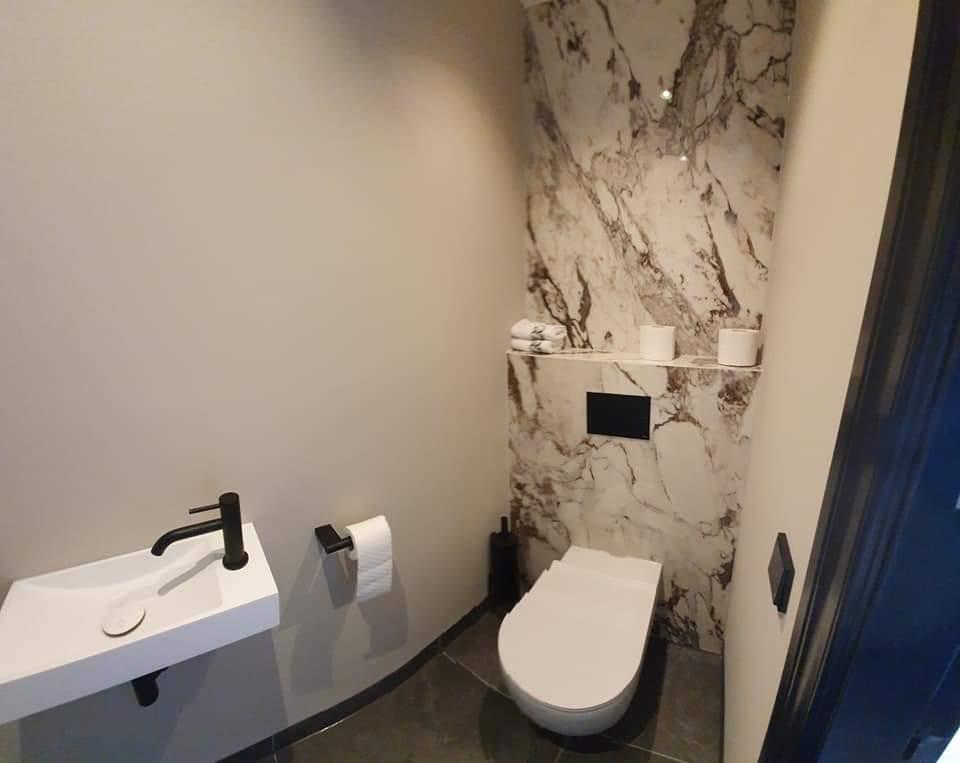 Aparte toiletruimte met wandcloset en marmer-look wand